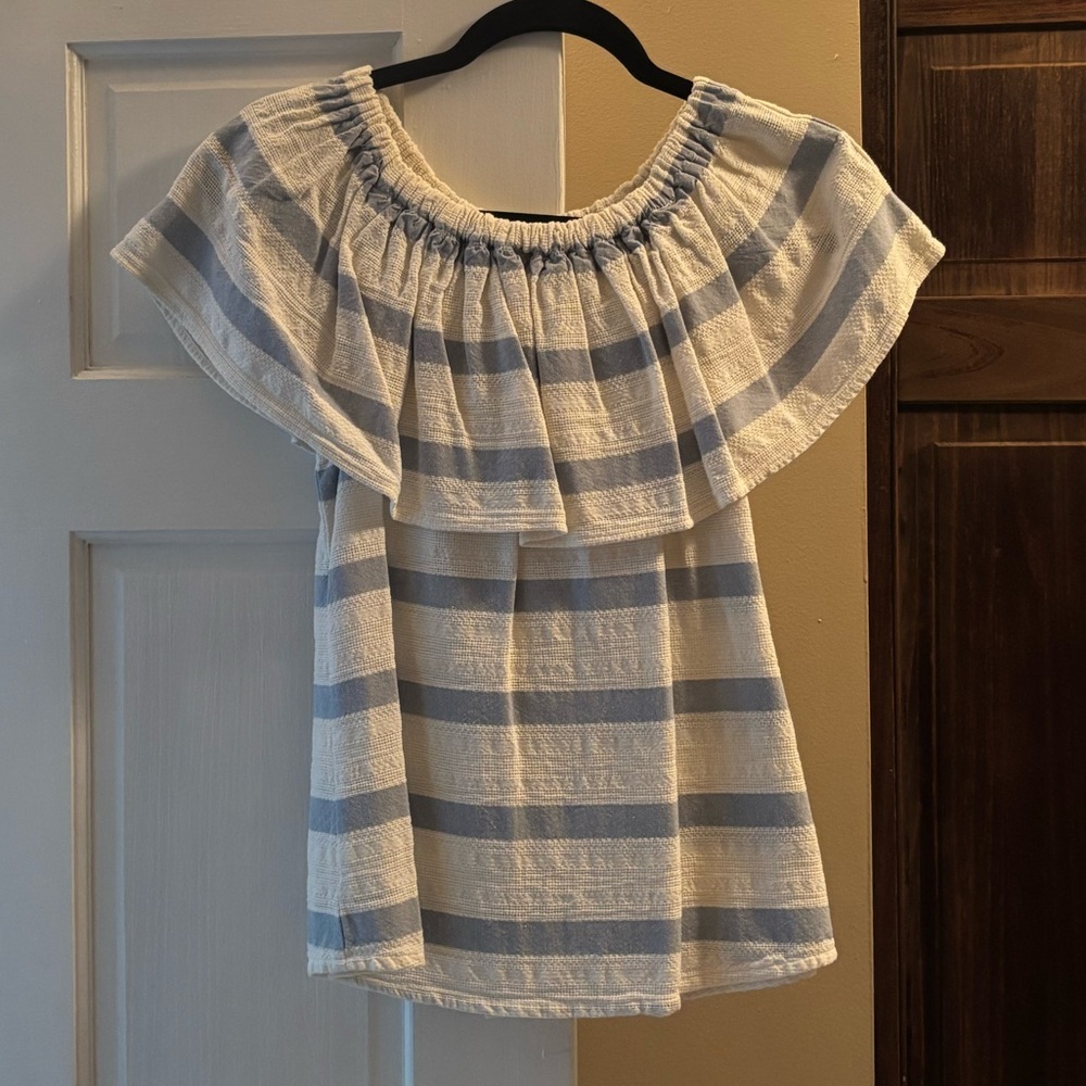 Cato Blue and White Off-Shoulder Top